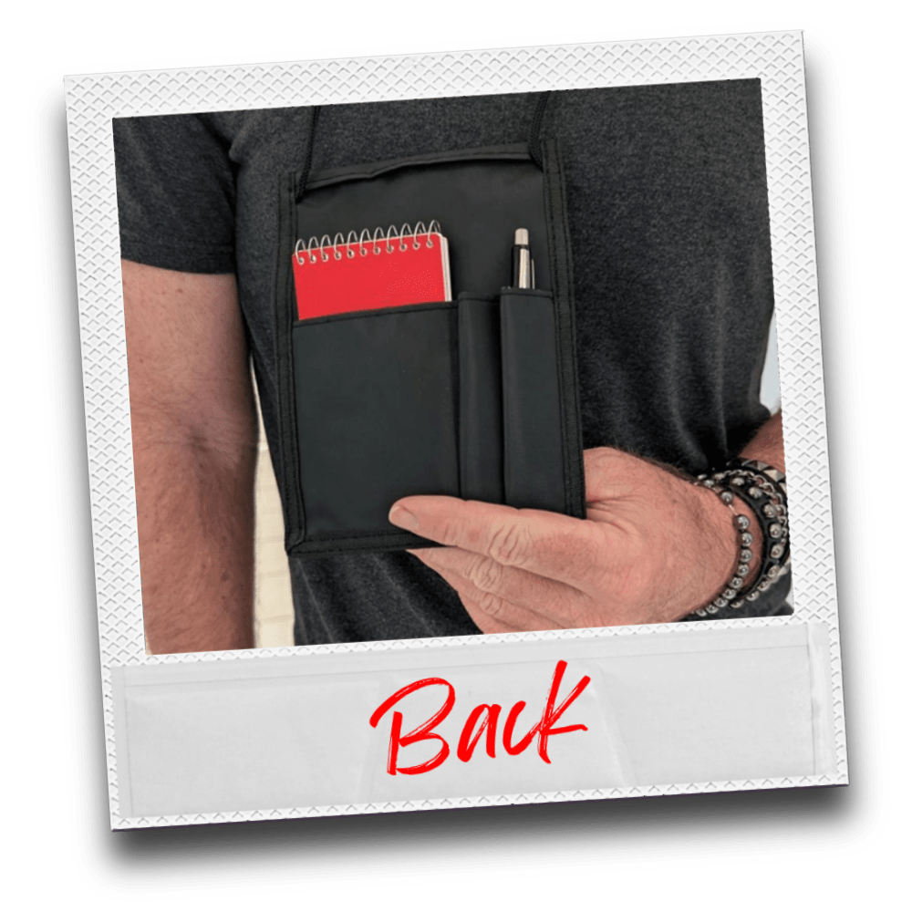 Polaroid photo of hand holding the back of a black neck wallet pouch in front of their chest with a red notebook and pen in it.