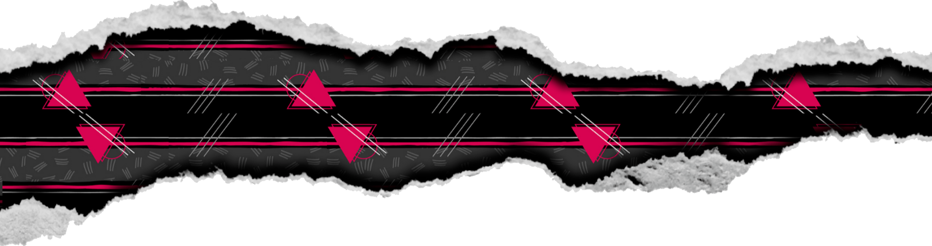 Torn paper strip reveals 80's-inspired hidden layer of a geometric pattern with hot pink triangles and gray abstract lines on a dark background underneath.