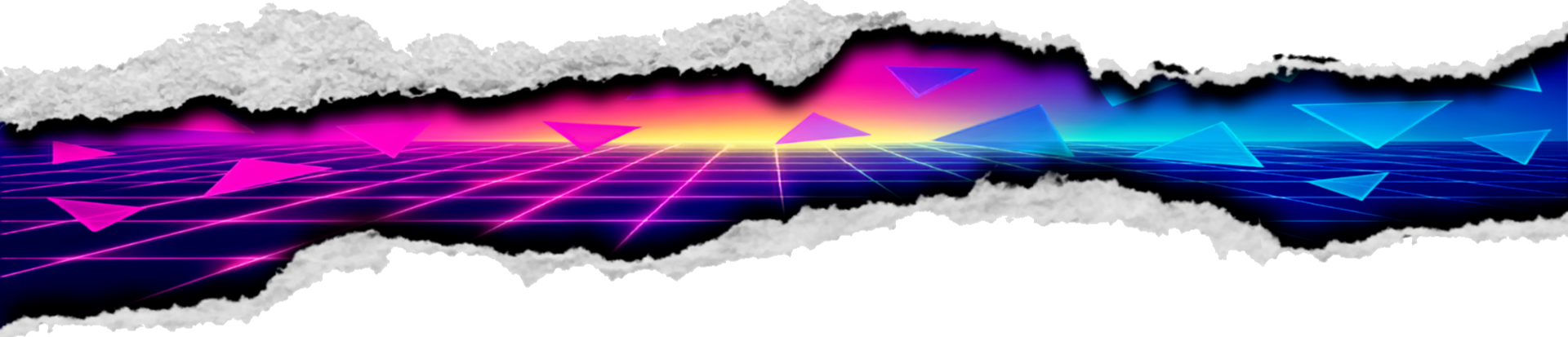 Torn paper strip reveals 80's-inspired hidden layer of a vibrant neon grid with pink and blue glowing triangles and a yellow light gradient in a retro-futuristic style underneath.