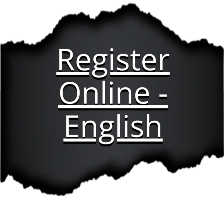 Button text "Register Online - English" in white font revealed hidden under a short torn paper strip with black paper background.