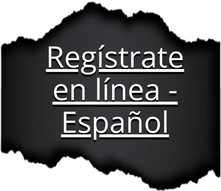 Button text "Register Online - Spanish" in white font revealed hidden under a short torn paper strip with black paper background.