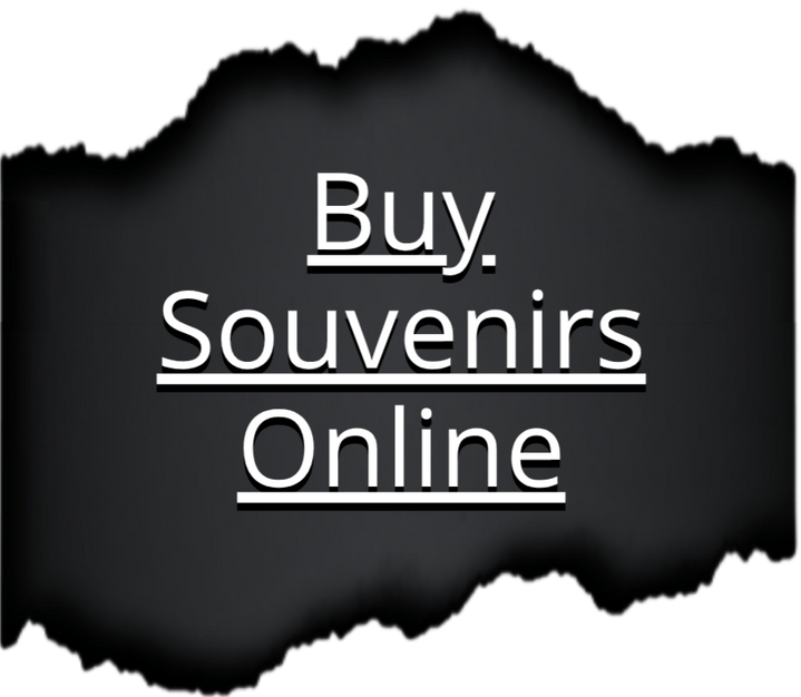 Button text "Buy Souvenirs Online" in white font revealed hidden under a short torn paper strip with black paper background.