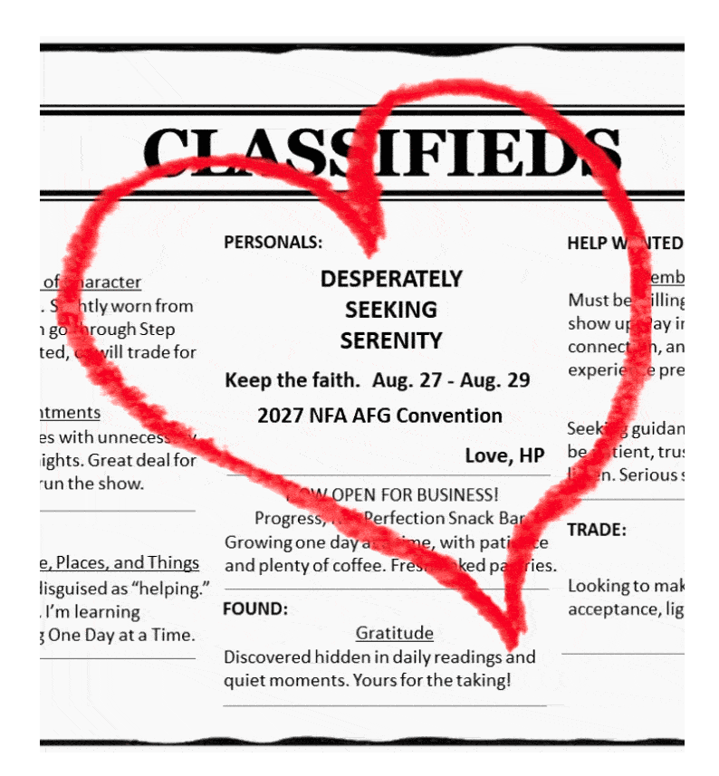 Classifieds section with a handwritten red heart, animated stars, and "yes!" highlighting a personal ad desperately seeking serenity at a 2027 Al-Anon Convention.