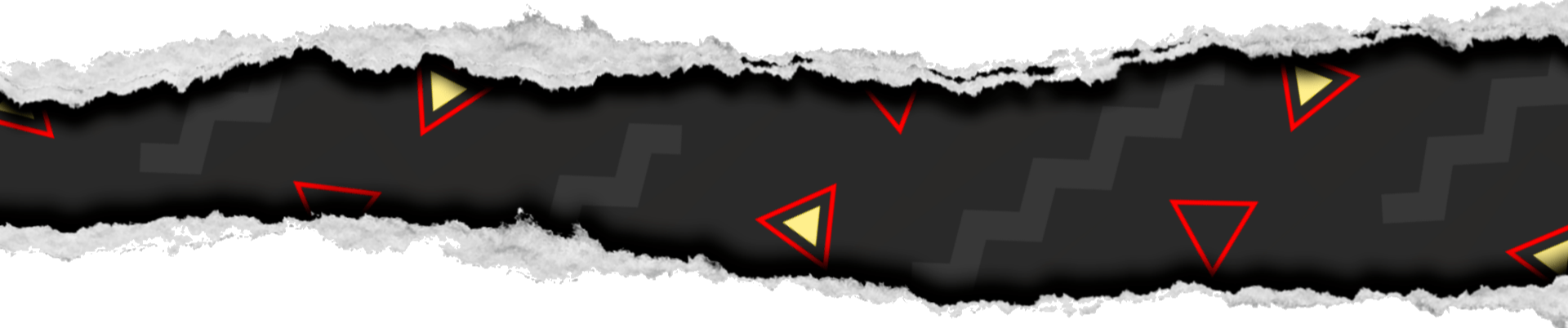 Torn paper strip reveals 80's-inspired hidden layer of red and yellow outlined triangles and charcoal zigzag patterns on a dark background underneath.
