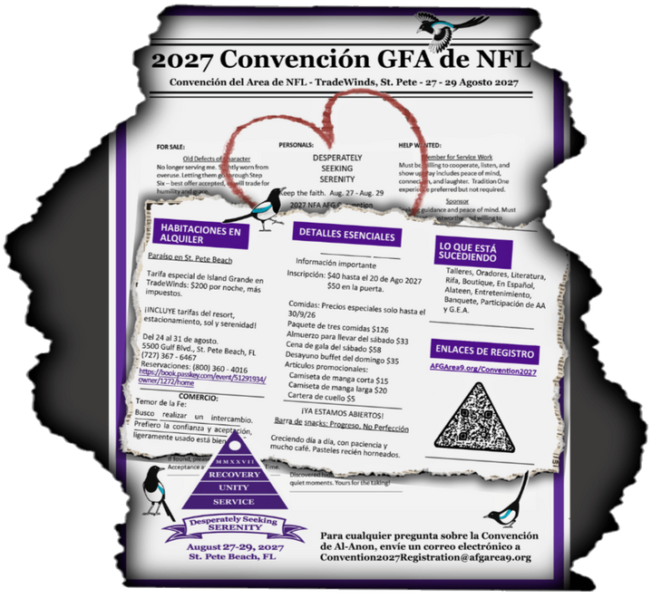 Folleto de Convención - Español Torn paper strip reveals publicity flyer in Spanish for the 2027 Al-Anon Convention Seeking Serenity Edition, held August 27-29, with event details, registration, and contact info hidden underneath.