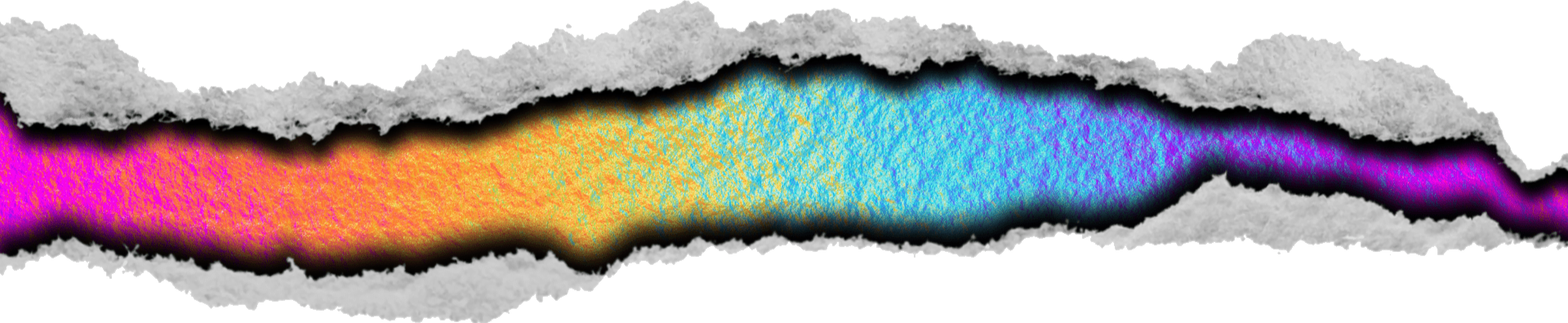 Torn paper strip reveals 80's-inspired hidden layer of a textured, multicolored gradient underneath.