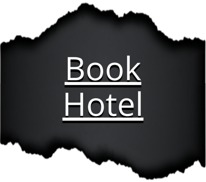 Button text "Book Hotel" in white font revealed hidden under a short torn paper strip with black paper background.