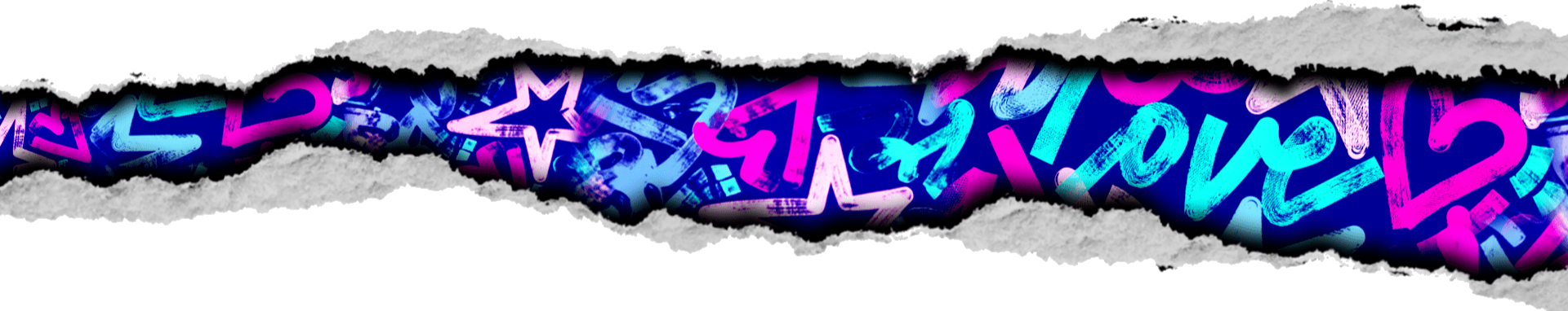 Torn paper strip reveals 80's-inspired hidden layer of colorful graffiti with words "love," stars, hearts, and abstract shapes on a dark blue background underneath.