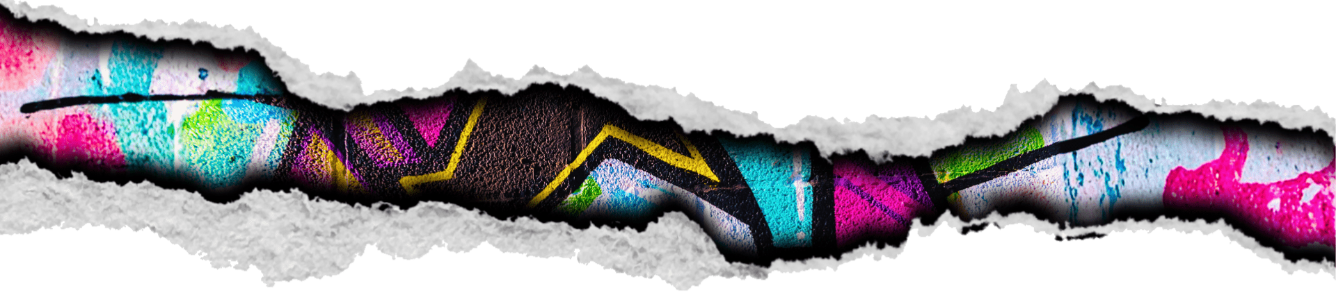 Torn paper strip reveals 80's-inspired hidden layer of colorful graffiti with pink, blue, yellow, and black abstract shapes underneath.