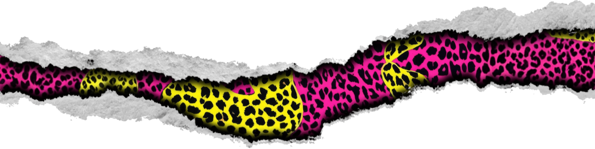 Torn paper strip reveals 80's-inspired hidden layer with vibrant pink and yellow leopard print pattern underneath.