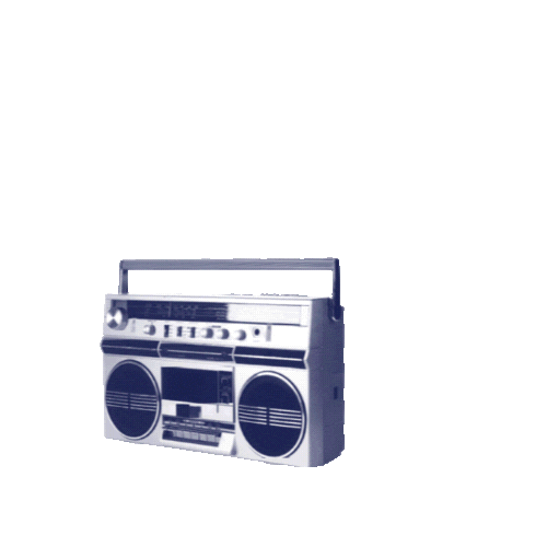 A vintage 80's silver boombox is overlapped with animated bold red, yellow, and magenta layers with rectangles and small symbols bursting outward representing music pulsing to the beat of a rhythm.
