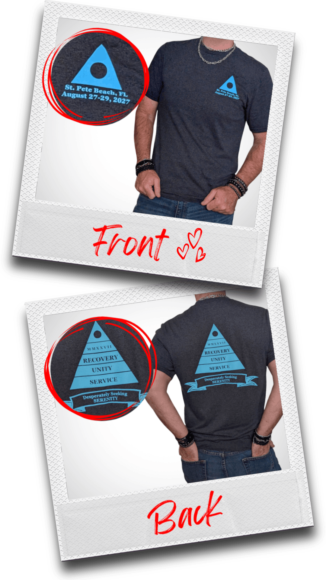 Polaroid photos of front and back views of a black-heather short-sleeve shirt with a cyan Al-Anon pyramid logo printed with "Recovery Unity Service - Desperately Seeking Serenity, August 27-29, 2027, St. Pete Beach, FL."