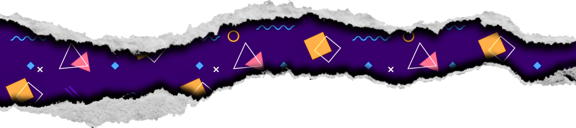 Torn paper strip reveals 80's-inspired hidden layer of a purple background with colorful geometric shapes like triangles, squares, circles, and waves underneath.