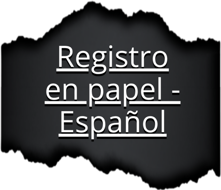 Button text "Paper Registration - Spanish" in white font revealed hidden under a short torn paper strip with black paper background.