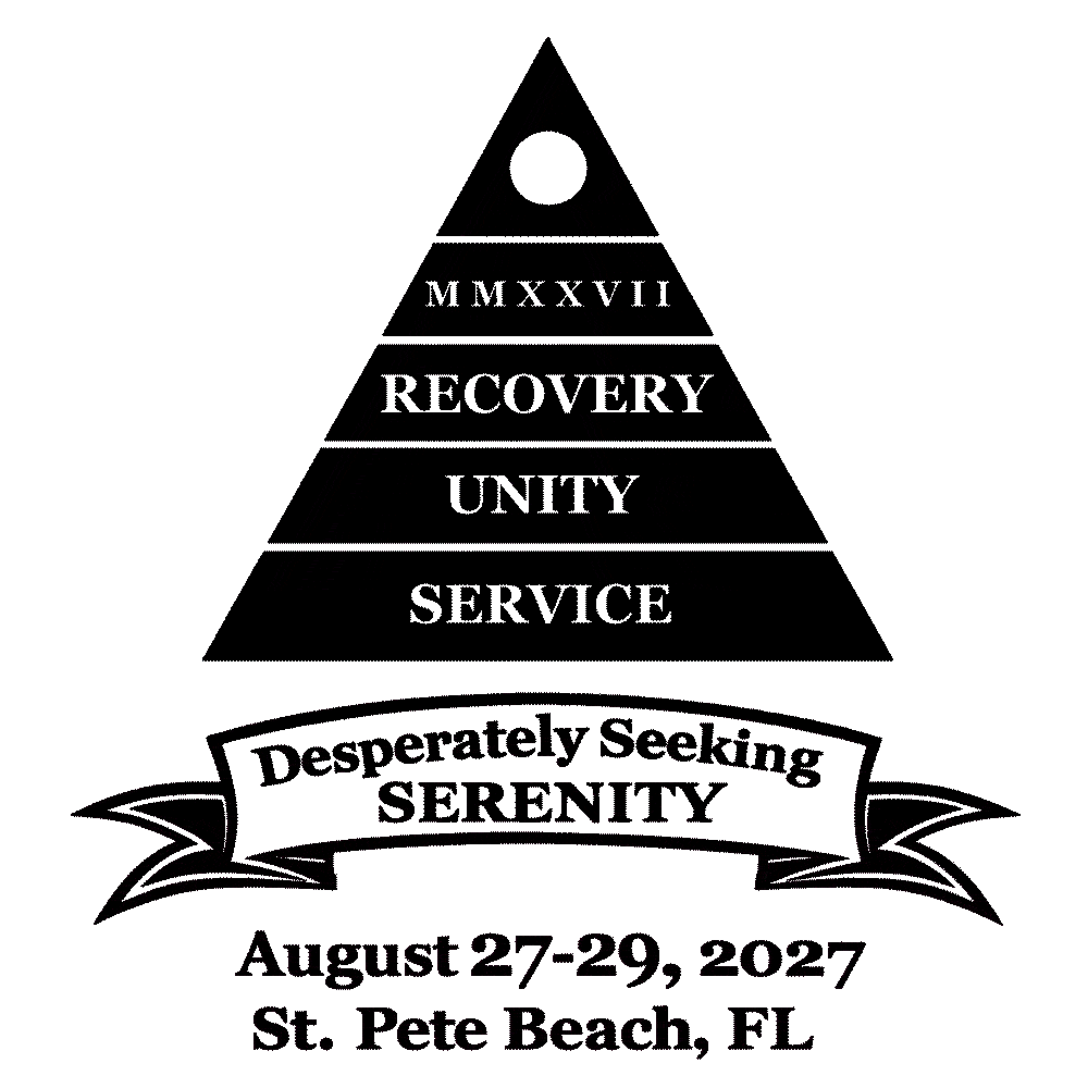 Animated color-changing pyramid with the words Recovery, Unity, Service, and the Al-Anon triangle logo at the very top with a banner below reading “Desperately Seeking Serenity,” with Convention date & location details.