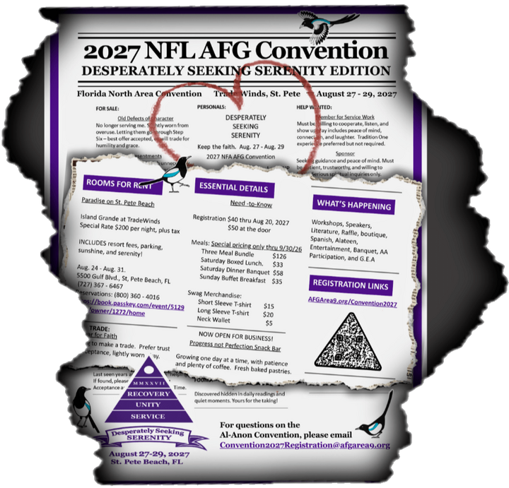Torn paper strip reveals publicity flyer in English for the 2027 Al-Anon Convention Seeking Serenity Edition, held August 27-29, with event details, registration, and contact info hidden underneath.